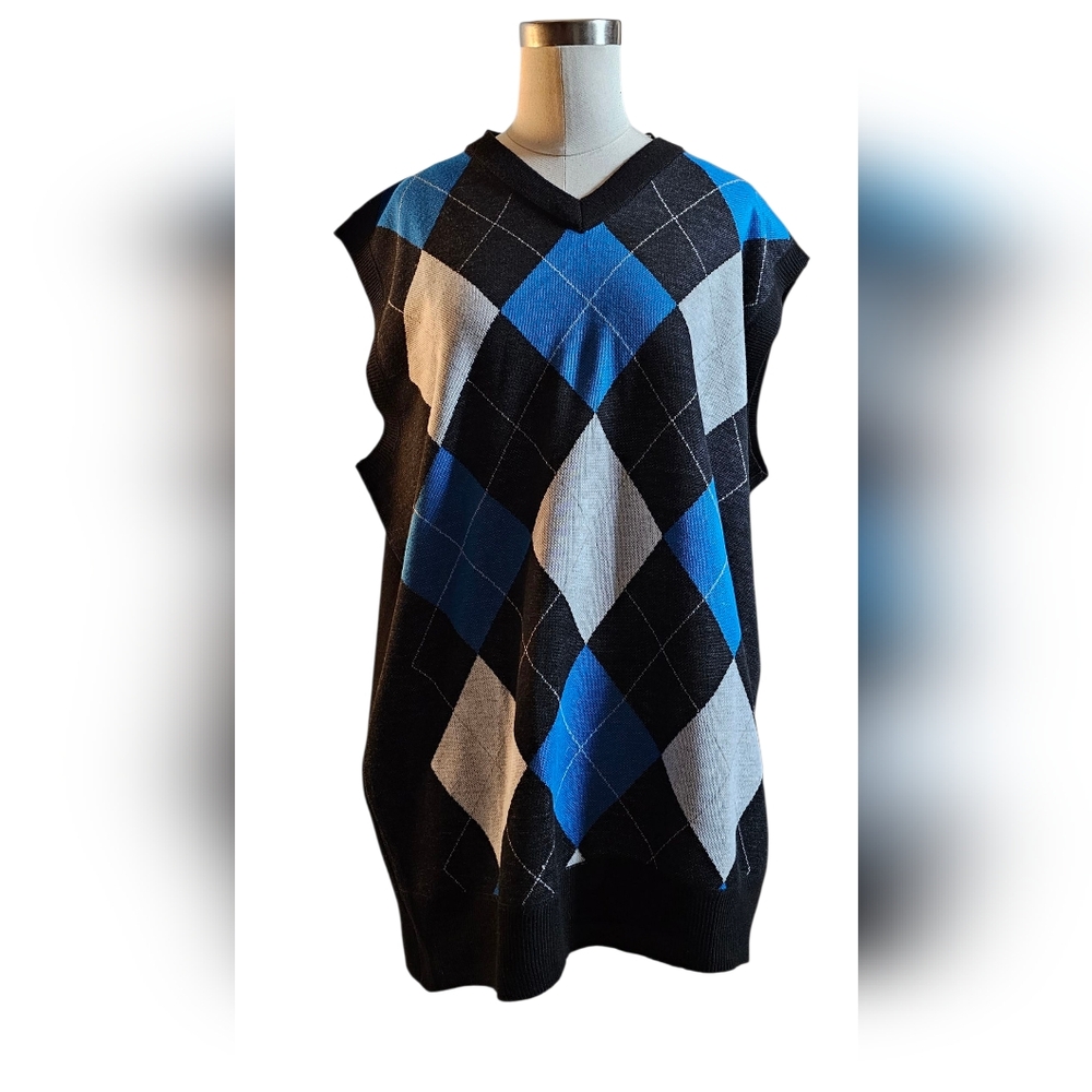 Whipper In Men's V-Neck Argyle Sweater - Black, Blue, and Gray Size XL NWT